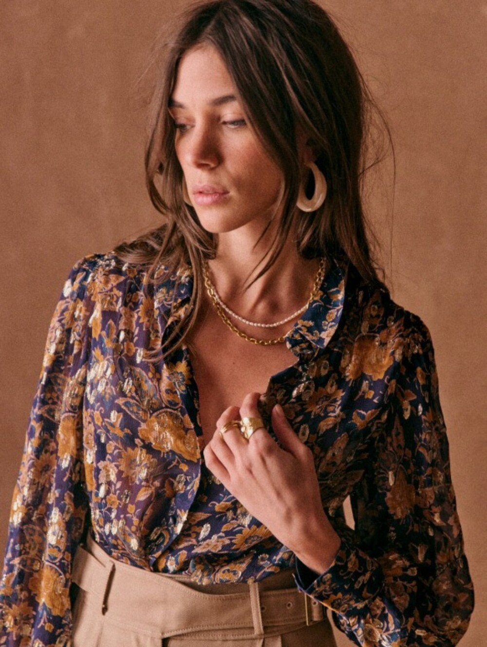 SEZANE Navy & Yellow Metallic Gold Floral Printed Semi-Sheer Silk Tianna Blouse
